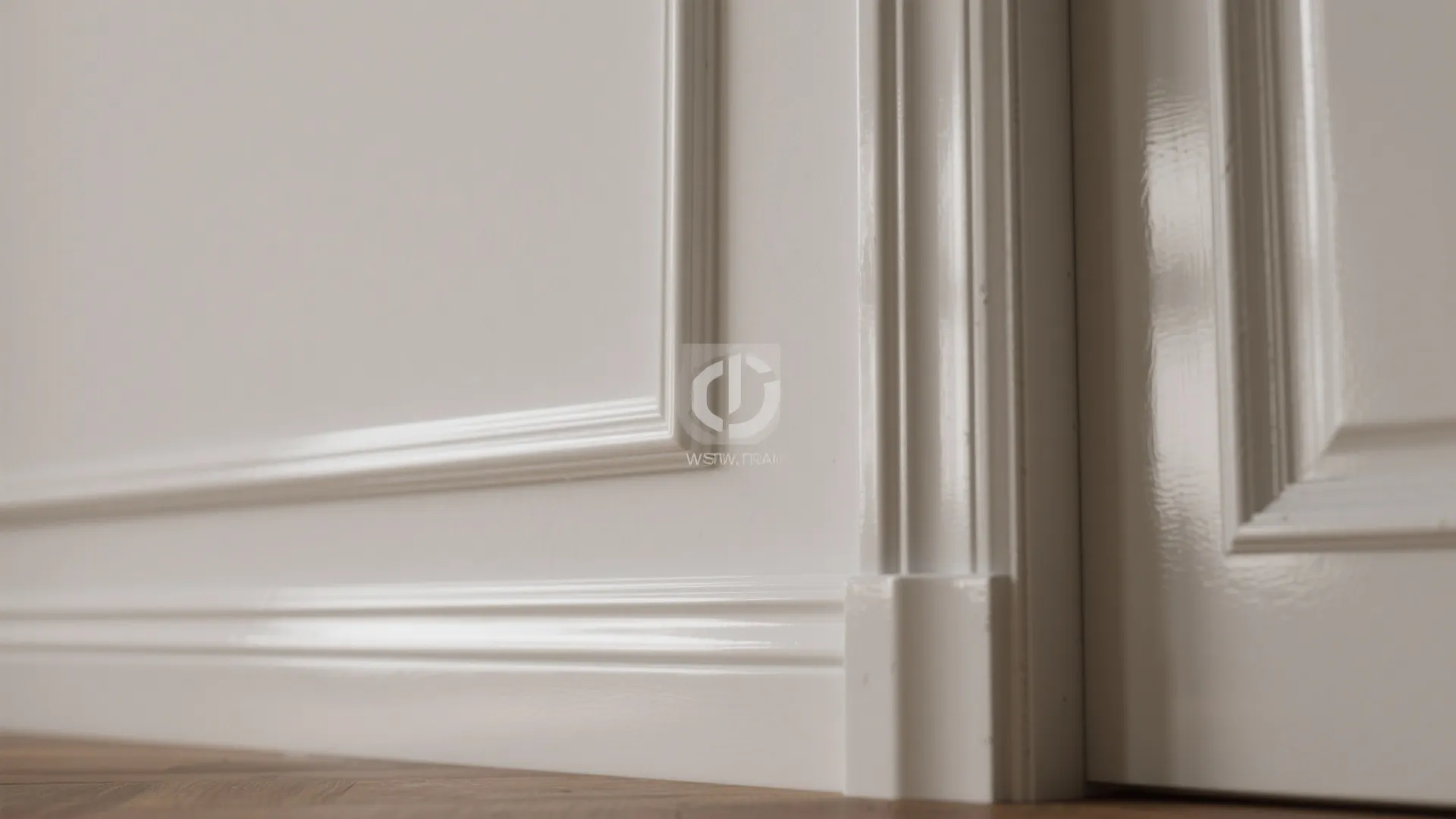 Close up of white wall panel and door frame with glossy finish on wood floor