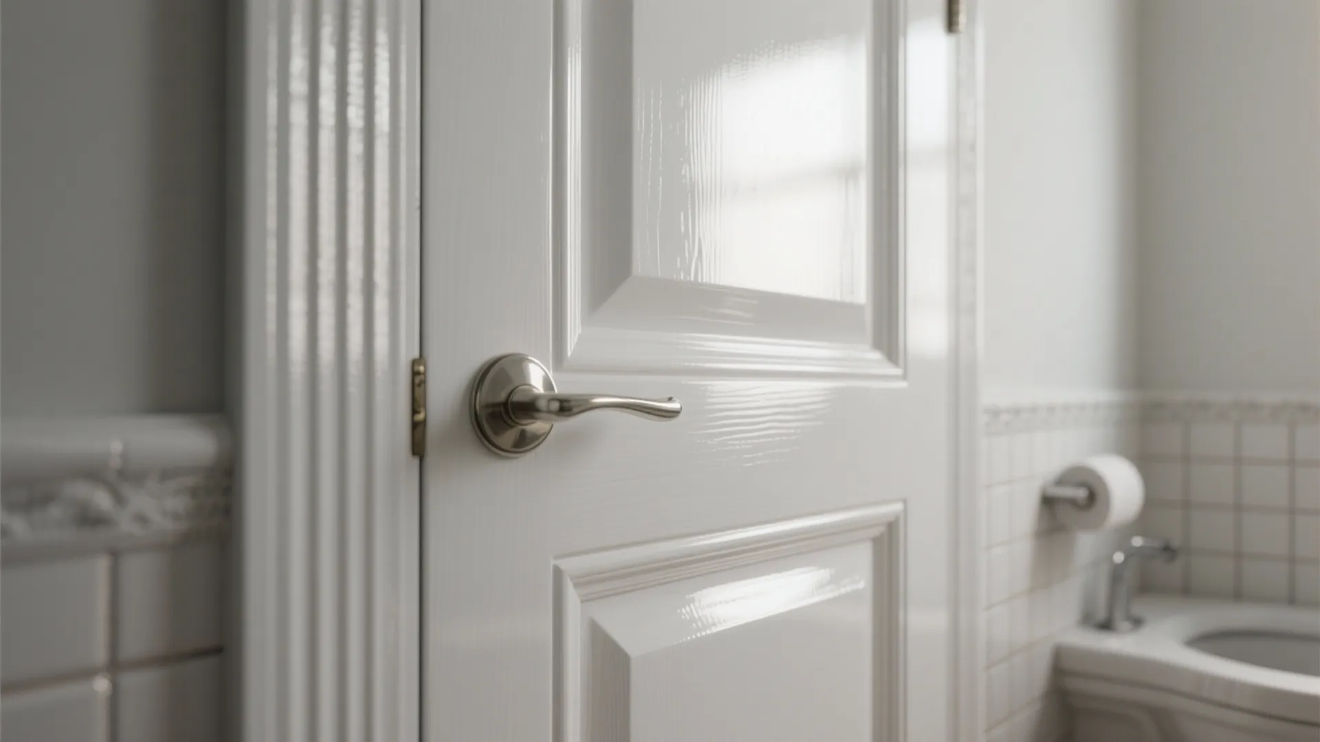 Close up of white glossy bathroom door with metal handle showing clean tiles and sink