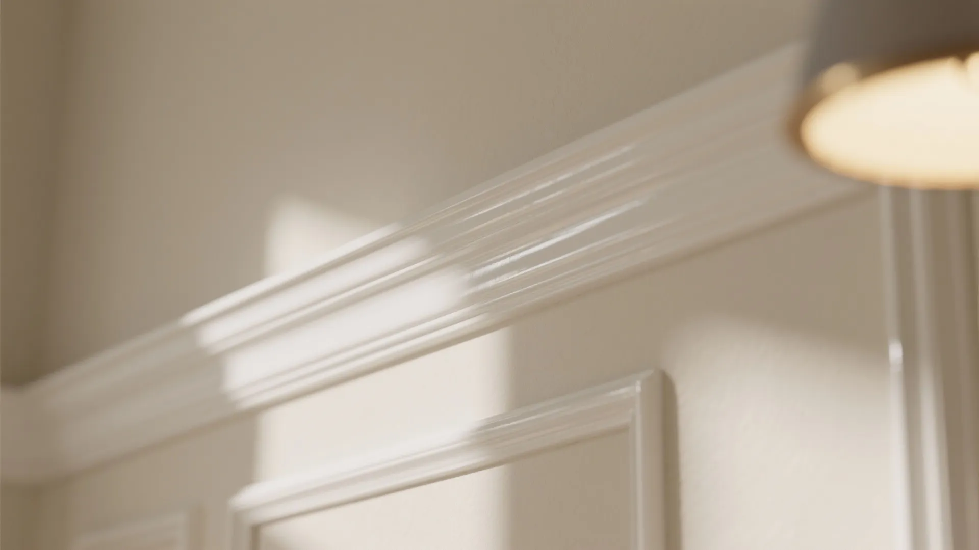 Close up of white wall panel trim with glossy finish and soft yellow light from above