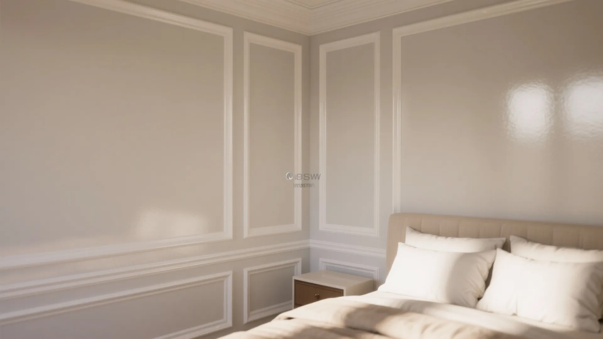 Elegant bedroom corner with white wall panel design beige bed and small wood nightstand table