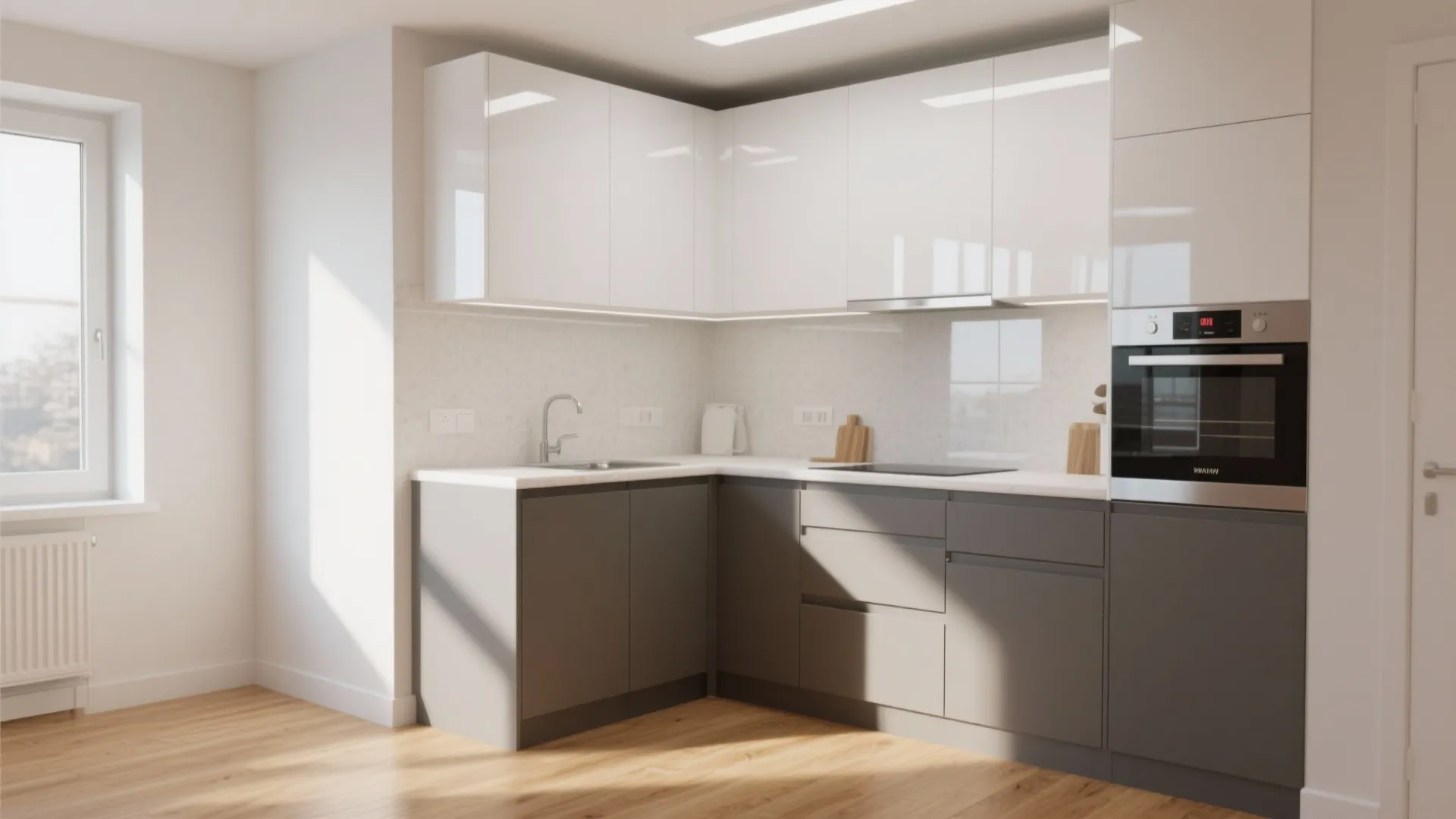 Two tone kitchen with white upper cabinets grey lower cabinets wooden floor and ceiling light