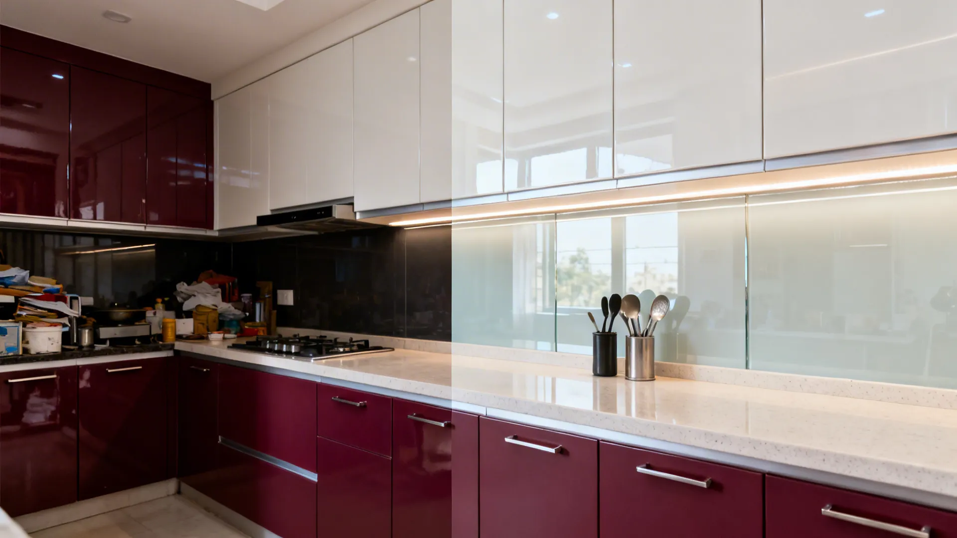 Meroon + high-gloss acrylic uppers with matte base cabinets