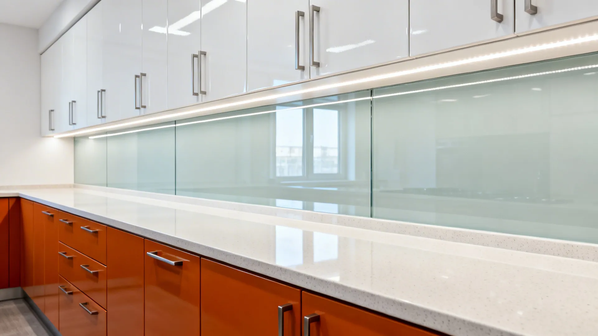 Gloss white uppers and matte orange lowers with a reflective glass backsplash in a galley.