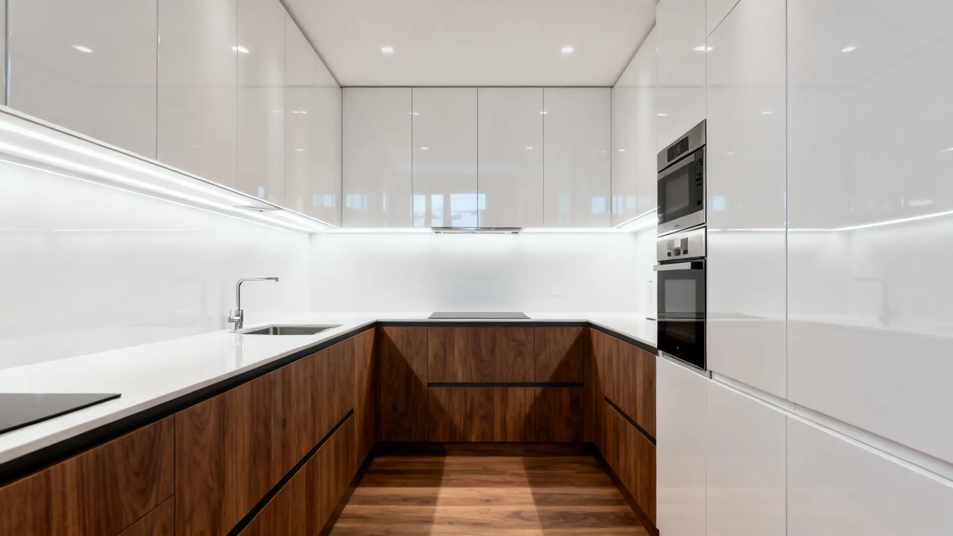 Glossy white uppers with walnut base cabinets brighten a narrow kitchen.