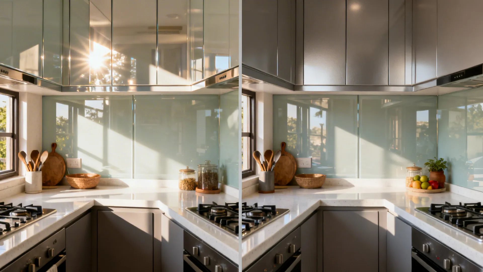 Side-by-side view of glossy and satin back painted glass finishes controlling glare in a sunny kitchen.