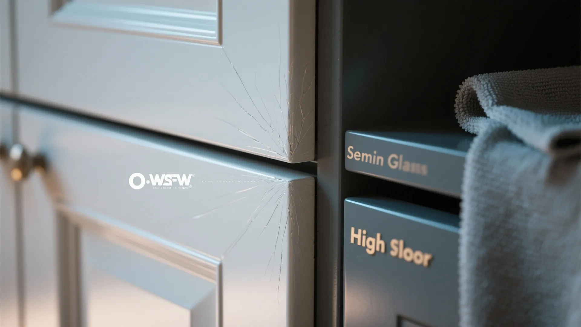 Close up comparison of glossy versus semi gloss cabinet finishes with visible light reflections and texture