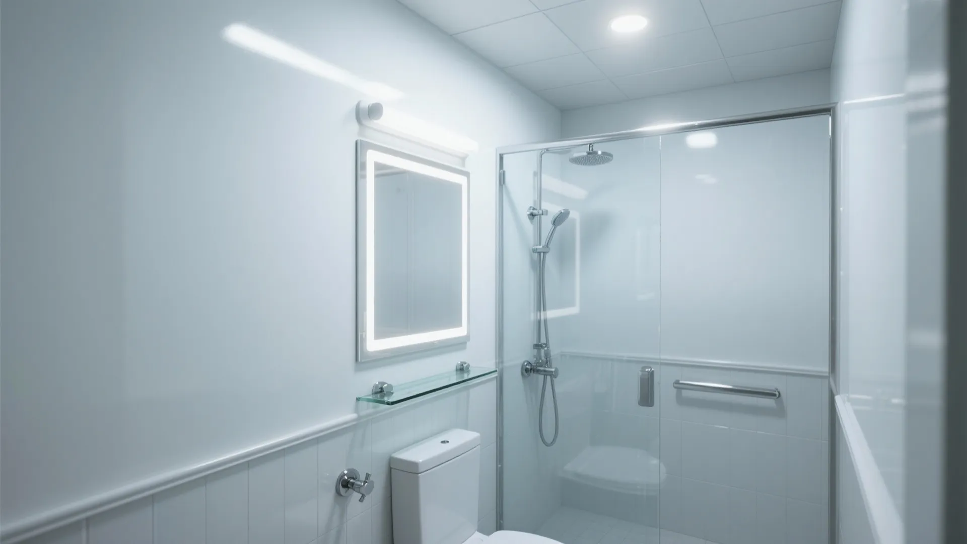 High-gloss white small bathroom with mirror niche, chrome, and glass shelf reflecting warm light.