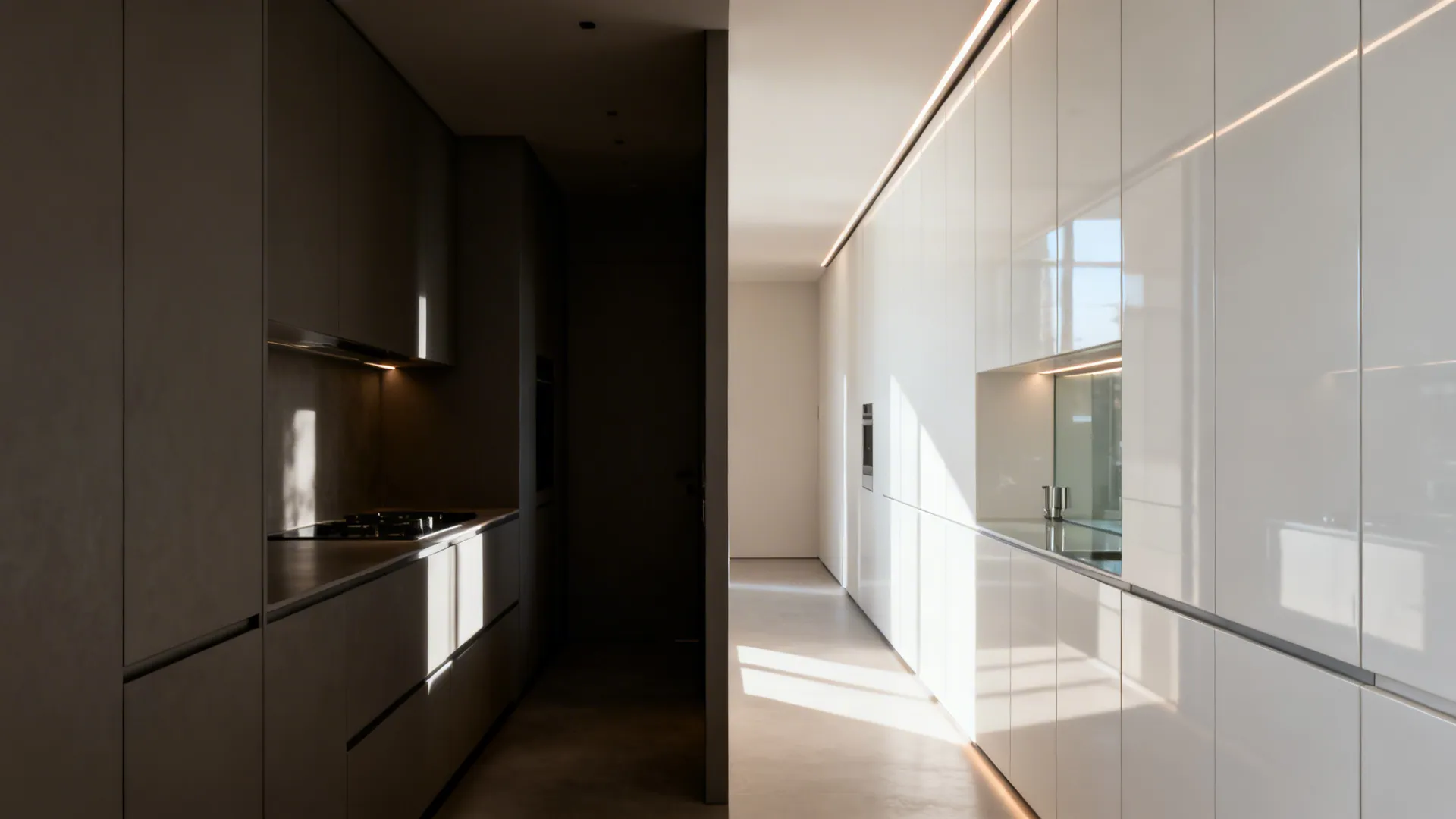 Before-and-after of a galley kitchen showing high-gloss white laminates brightening the space.
