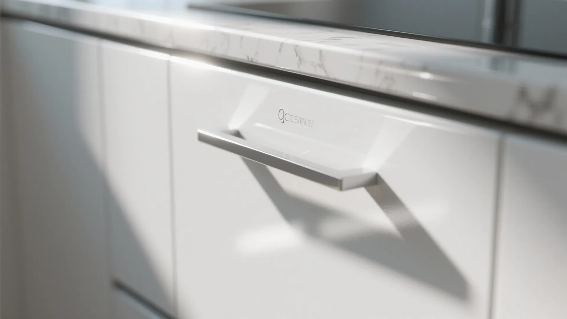 Close-up of a high-gloss white cabinet surface with integrated handle and reflective highlights.