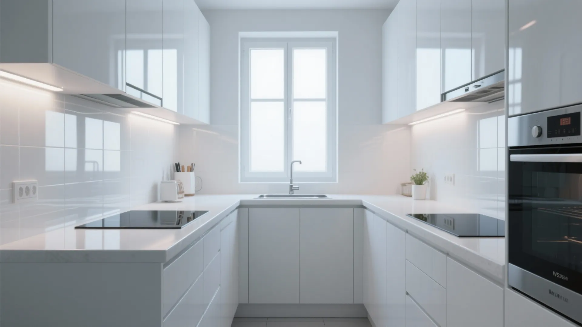 Modern white kitchen with glossy cabinets light fixture window oven and clean white counter top