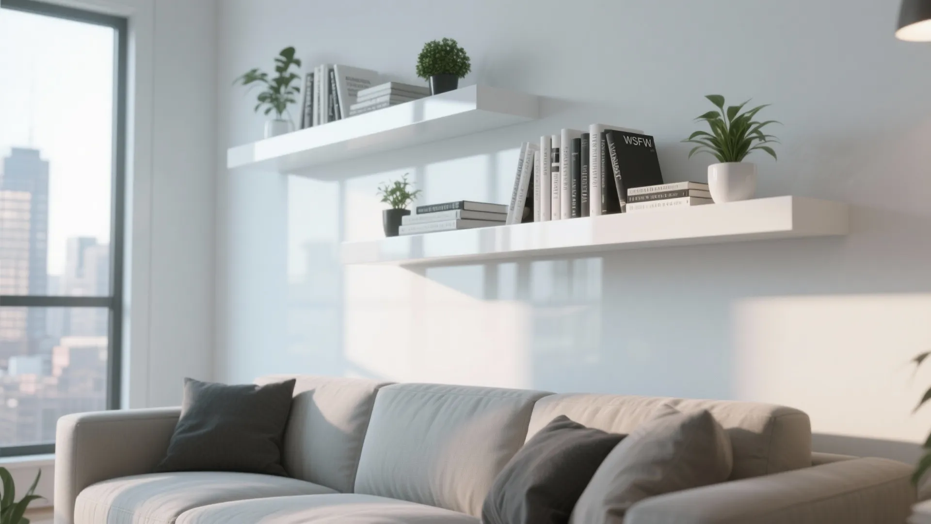 Modern living room with white floating shelves books small plants grey sofa and large window