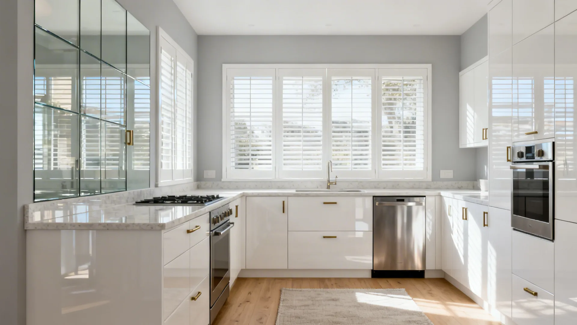 Bright white kitchen with wooden floors and white window shutters plus clean white modern cabinets