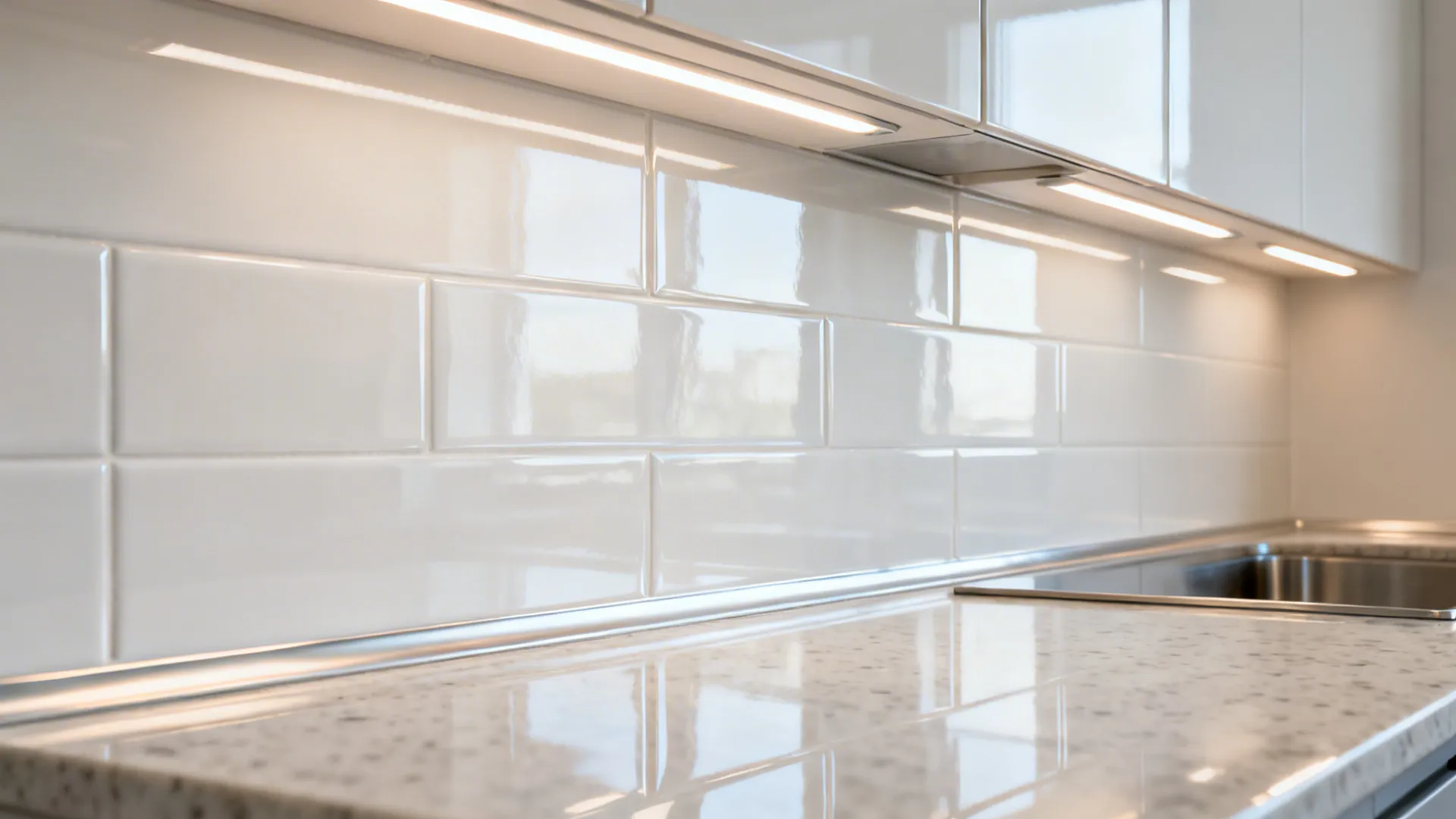Macro of glossy white kitchen tiles reflecting LED task light above a quartz counter.