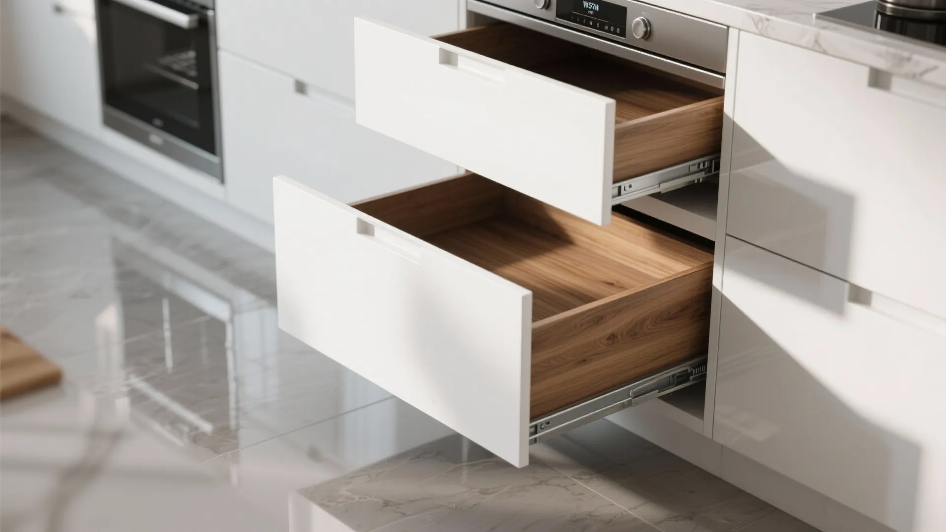 5. Mixed textures: gloss white floor cabinets with wood accents