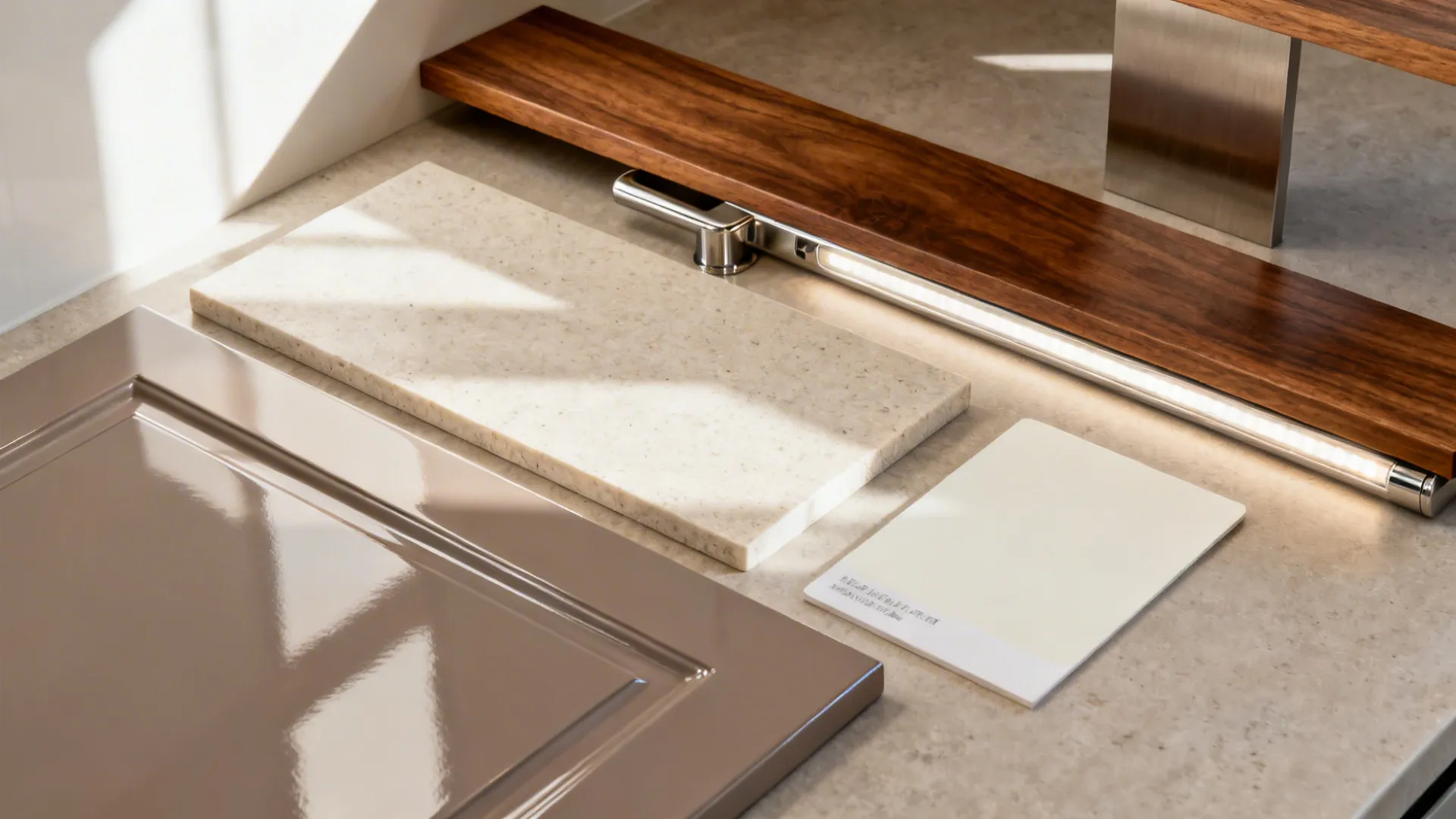 Flat lay of taupe glossy laminate, walnut-look wood, honed stone, and warm-white palette for a cozy modern kitchen.
