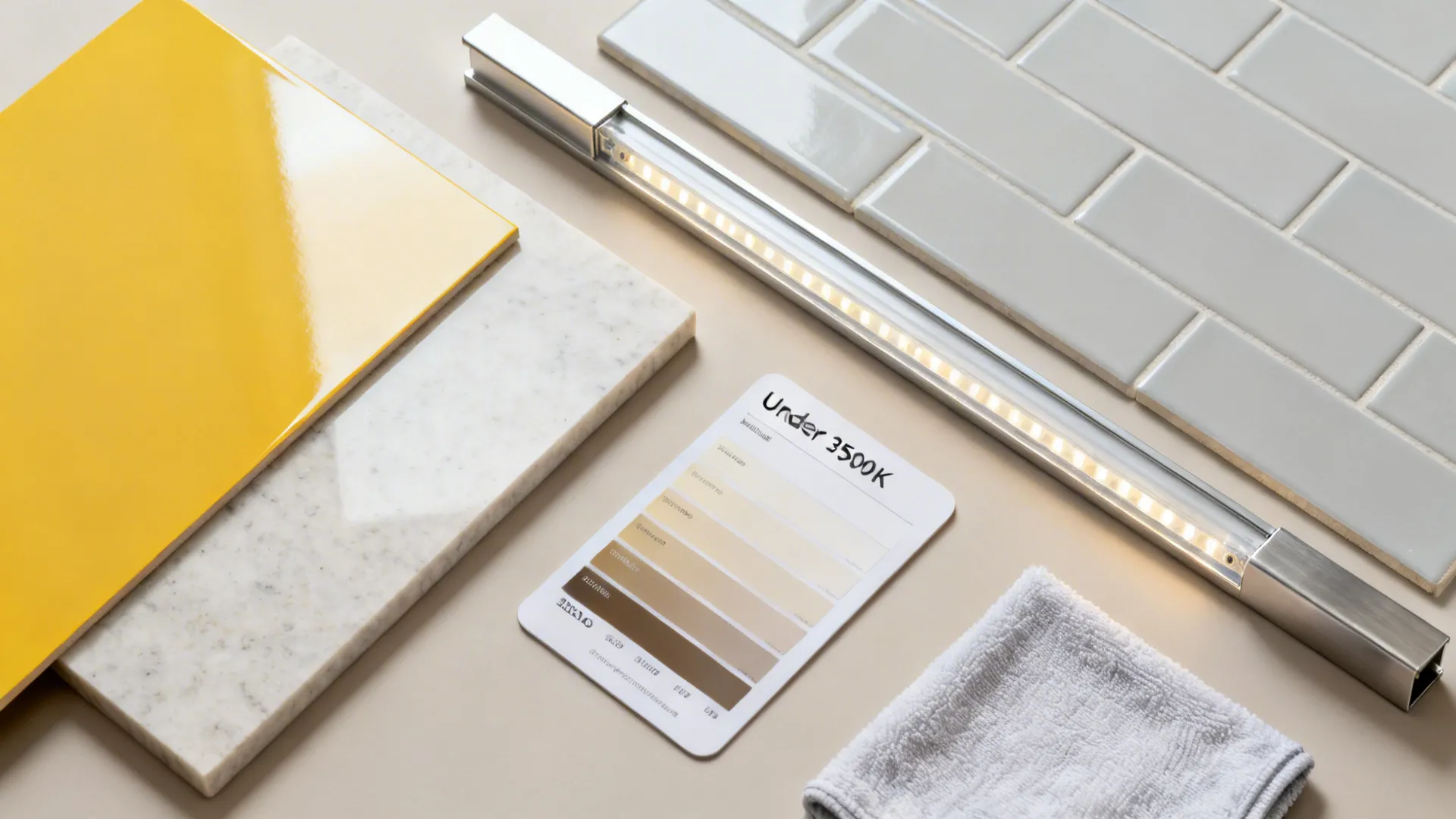 Flatlay of glossy yellow laminate, light quartz, grey tile, and handleless profile.