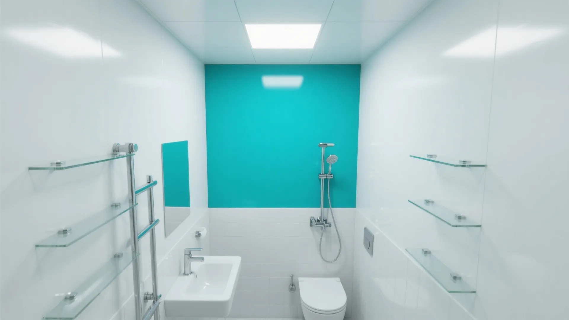 Top-down view showing glossy upper walls and ceiling with satin lower walls and glass accents.