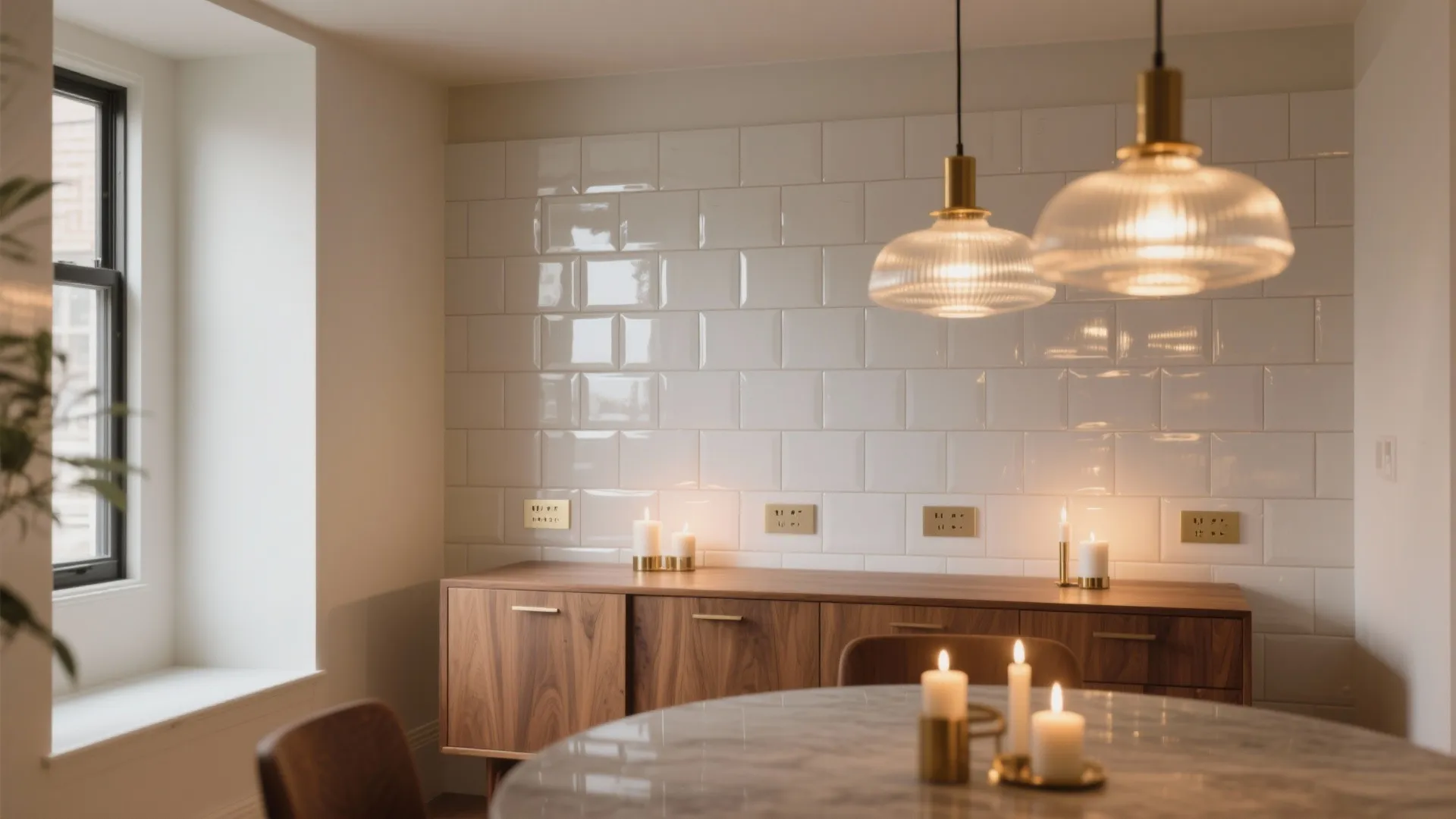Dining room with white wall tiles wooden cabinet gold ceiling lights marble table and burning candles