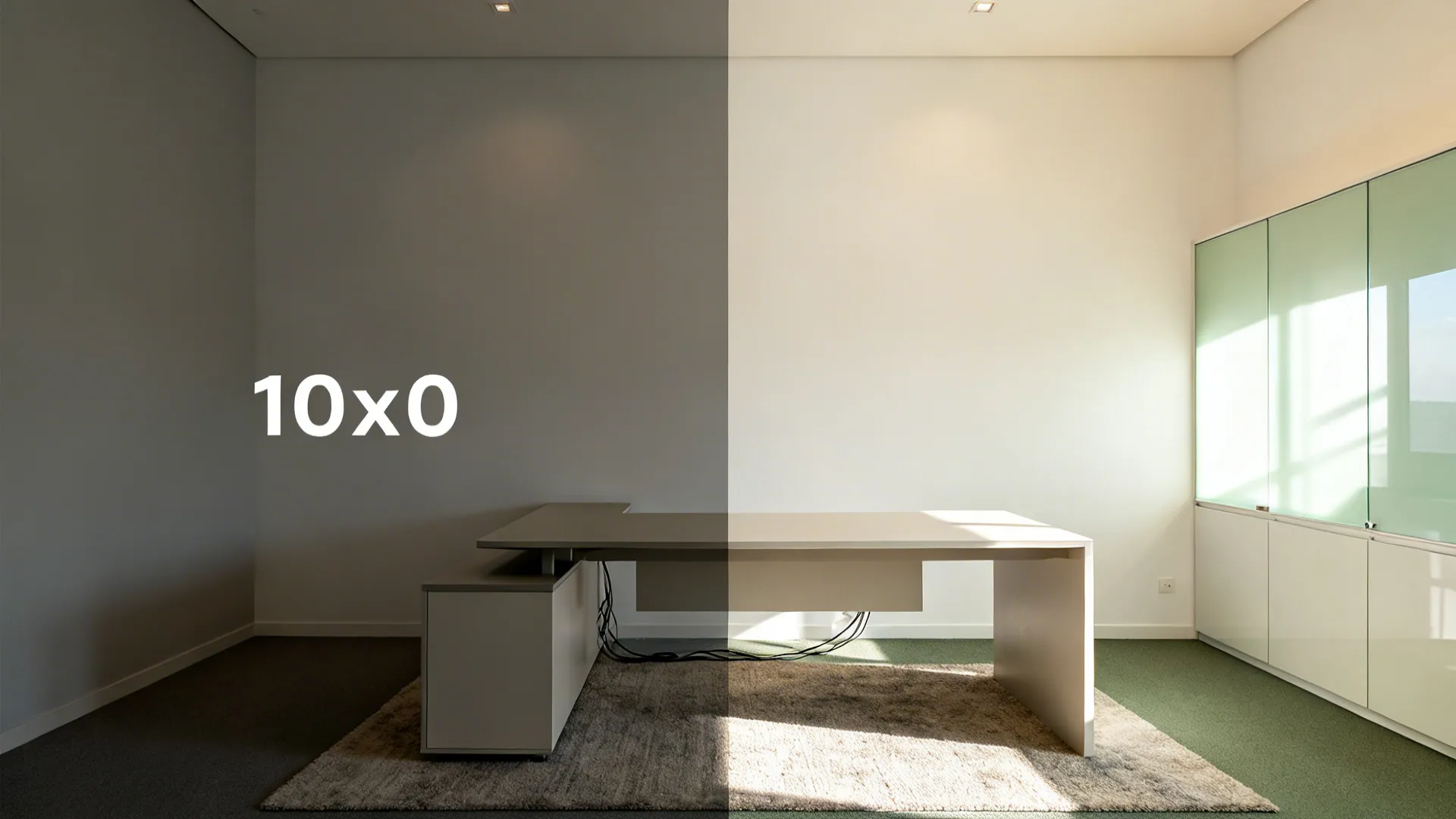 Before-and-after of a 10x10 office showing matte walls plus one glossy cabinet reflecting light for a brighter feel.