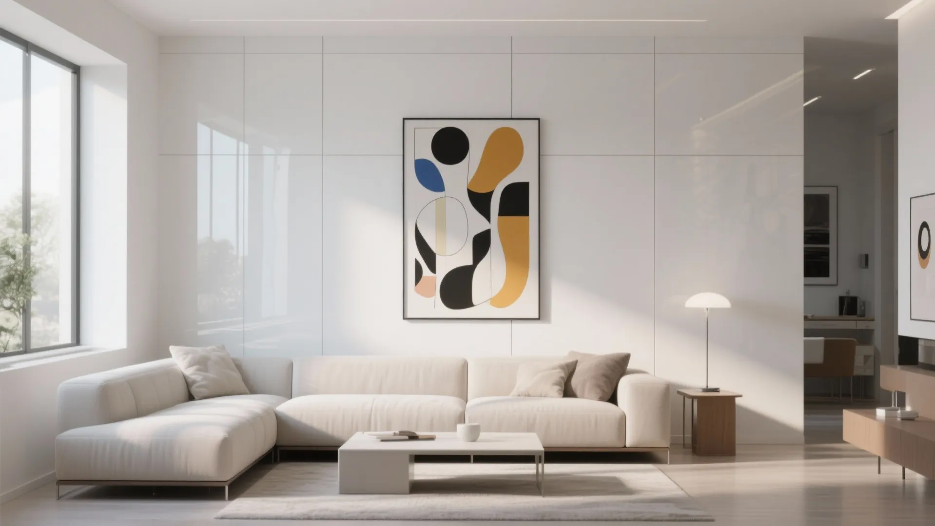 Glossy white PVC accent wall with bold abstract art in a small living room