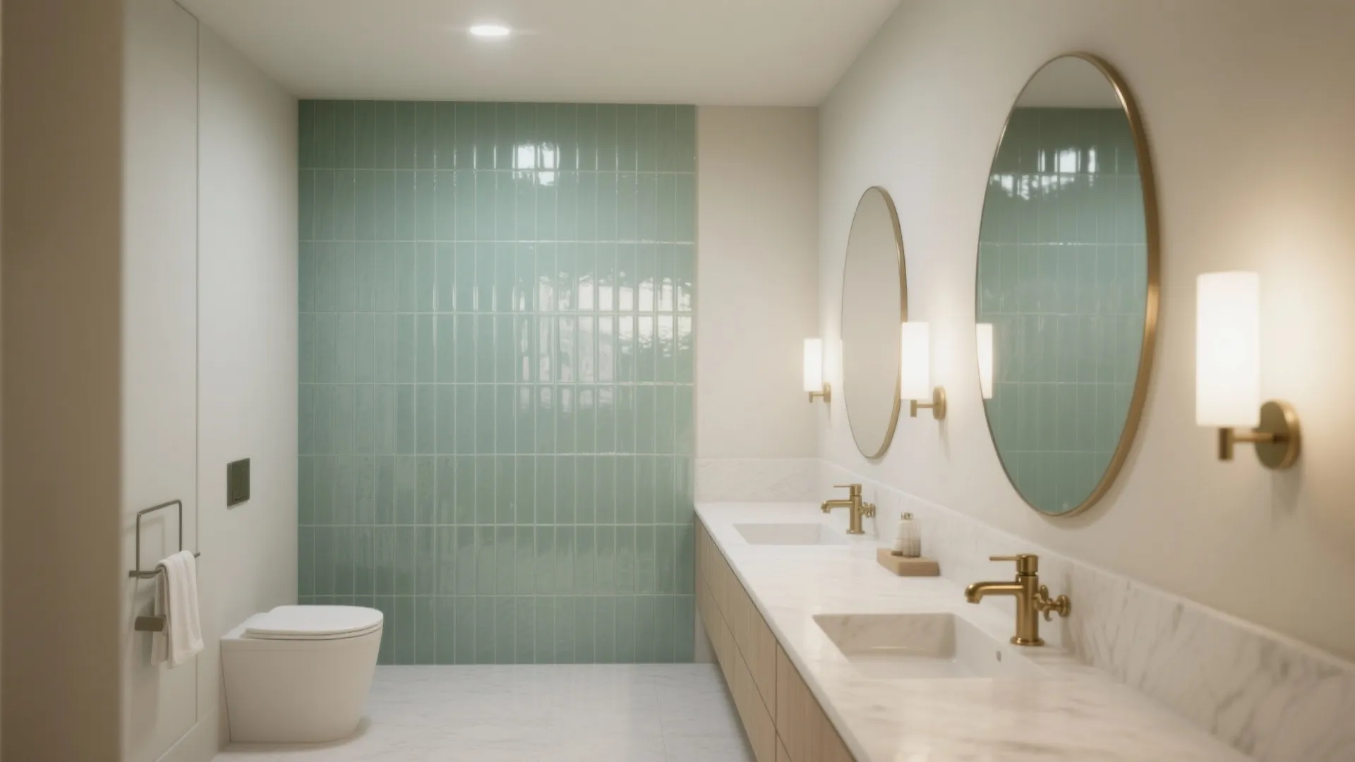 Modern bathroom with green tile accent wall white toilet wooden cabinet gold faucets and round mirrors