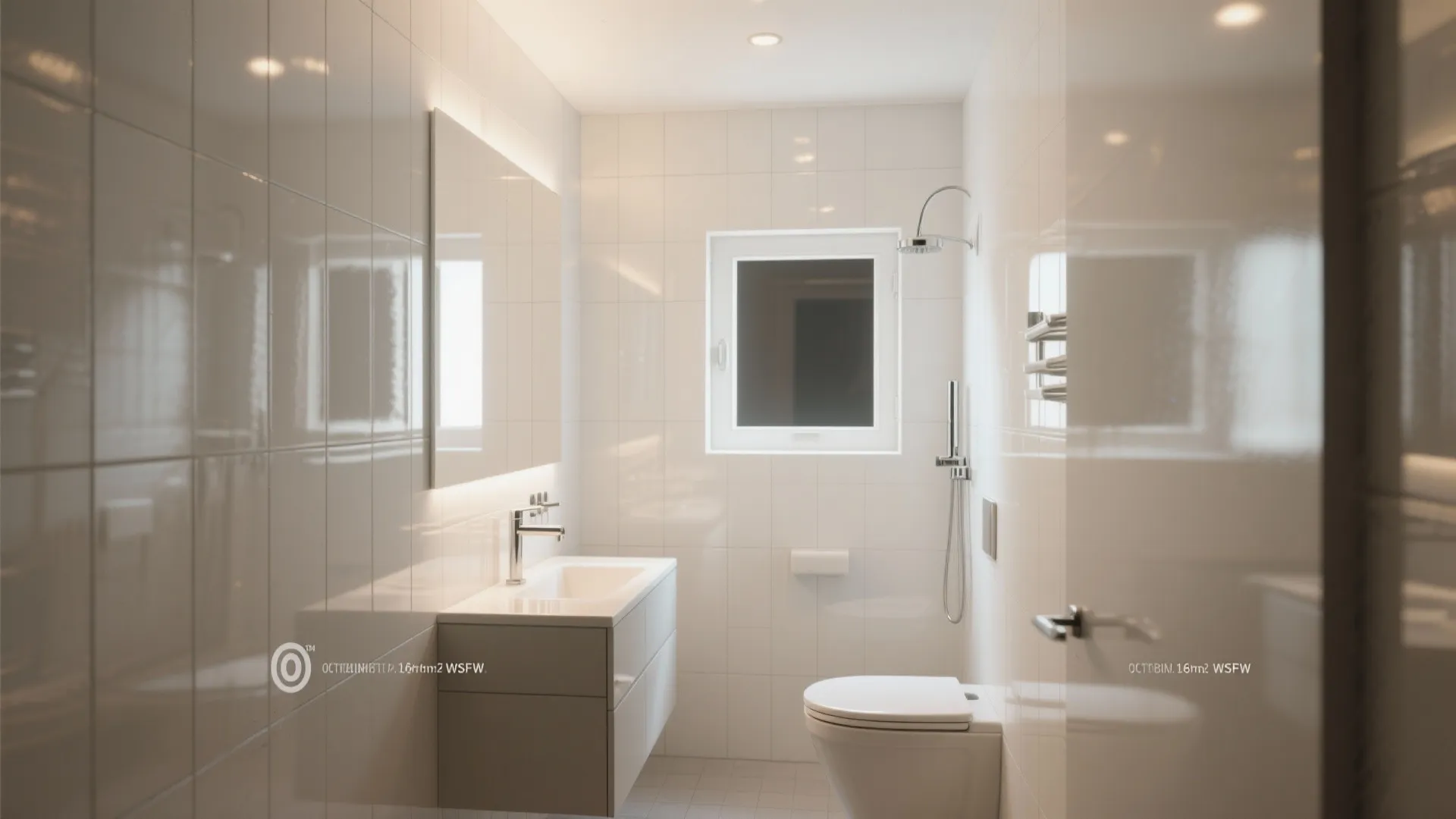 Modern white bathroom with shiny wall tiles a floating sink cabinet toilet and a window