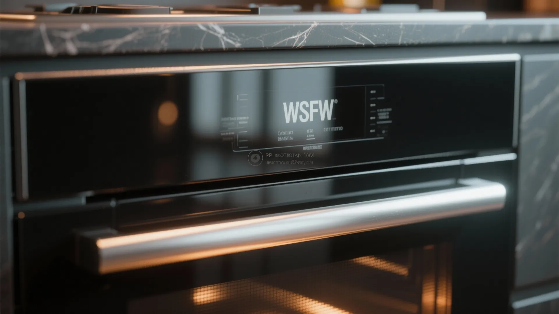 2. Glossy black accents plus warm under-cabinet lighting