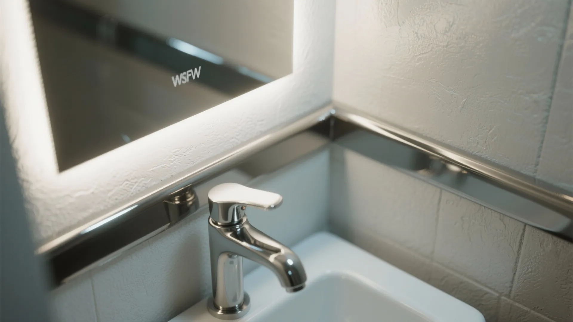 Close up of a chrome water tap on white sink with light up bathroom mirror