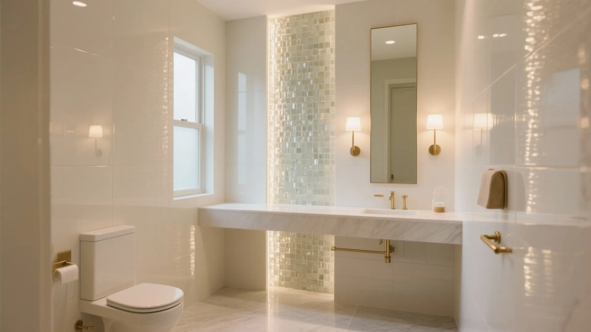 Modern white bathroom with marble counter toilet wall light mirror and small square mosaic tiles
