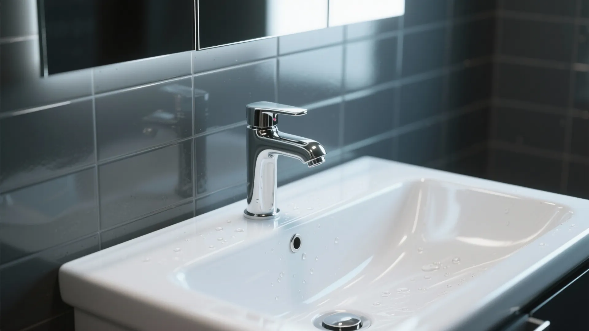 Glossy white sink and chrome faucet reflecting light on dark grey tiled wall.