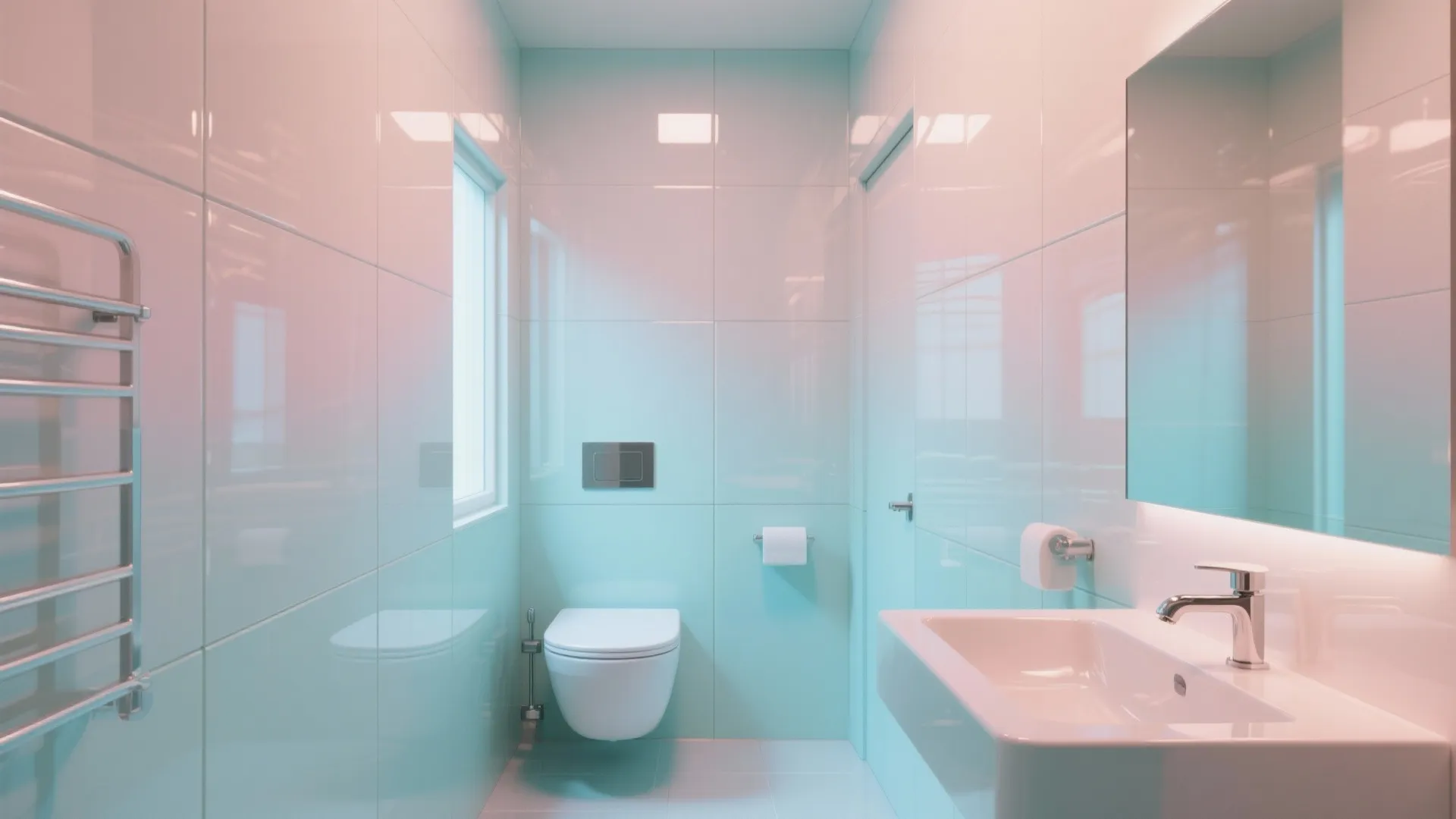 Small bathroom with glossy pastel acrylic wall panels