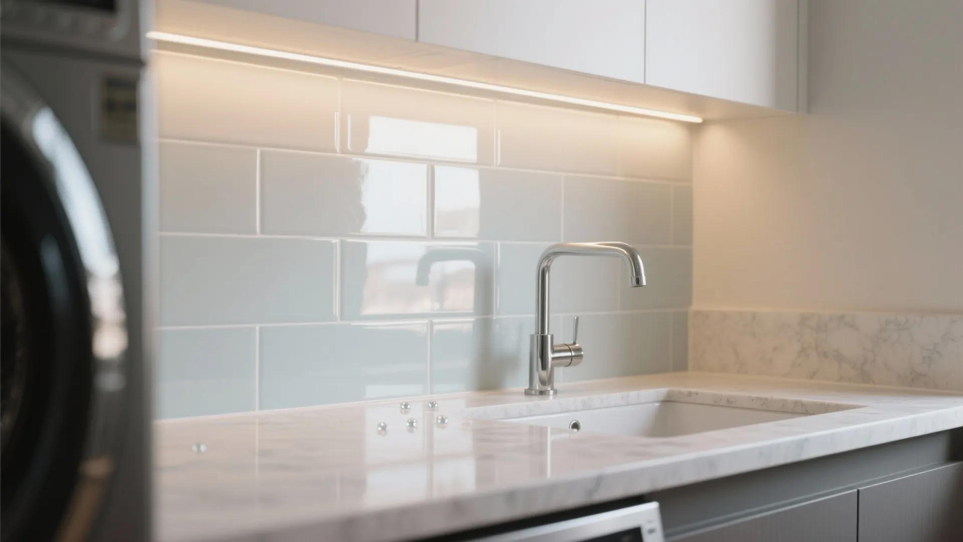 2) Glossy ceramic or glass backsplash to lift light