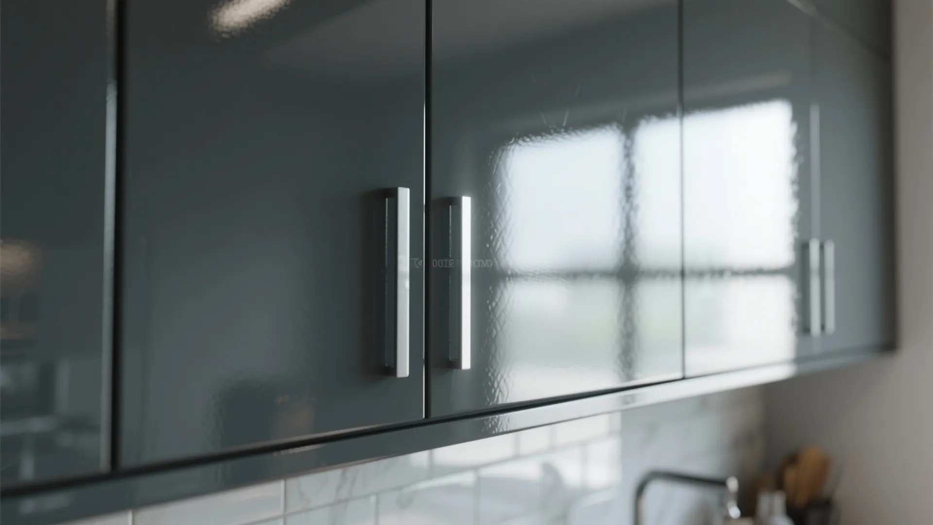 Close-up of high-gloss dark grey cabinet surface reflecting a mirrored backsplash and soft daylight.