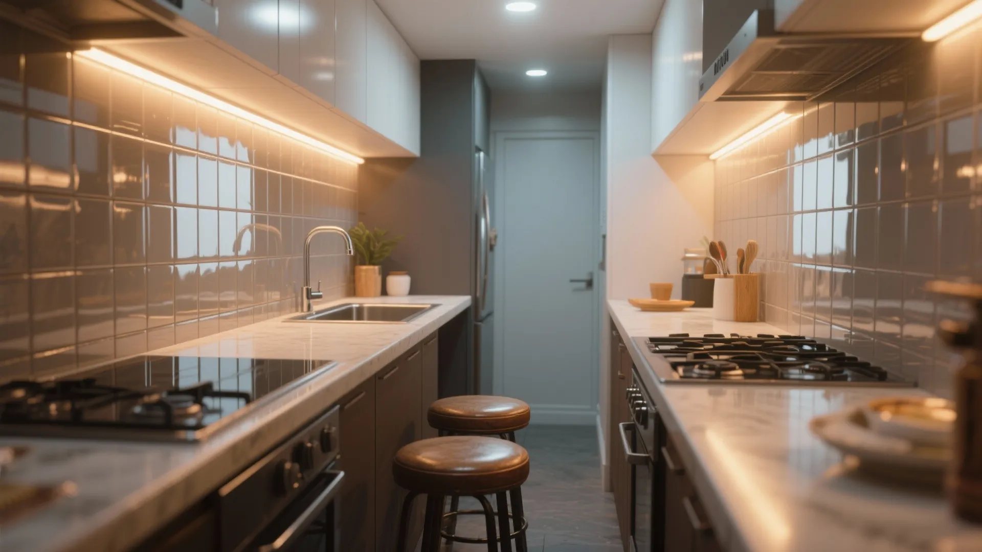 Modern galley kitchen featuring glossy grey tile walls white marble countertops and warm light fixture