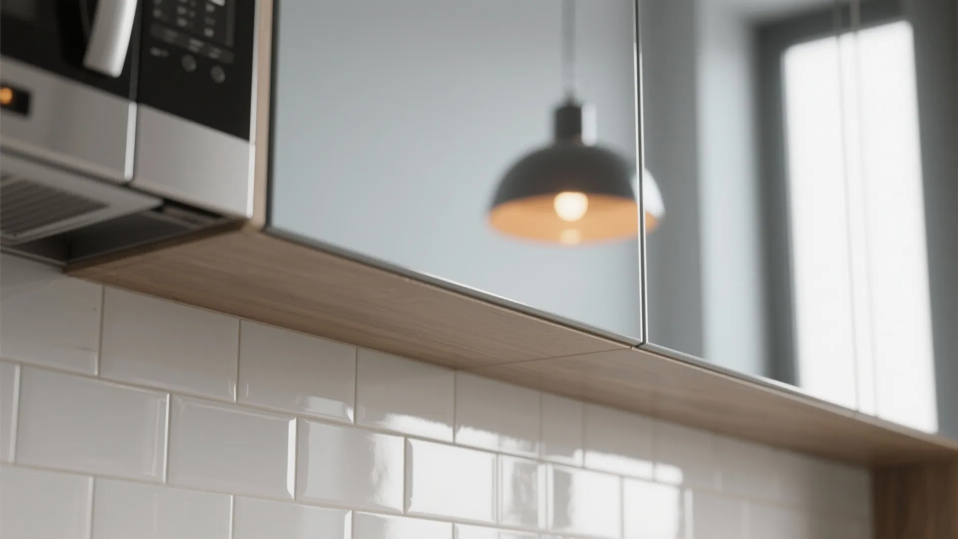 Modern kitchen with white brick wall tiles wood cabinets glossy grey surfaces and black ceiling light