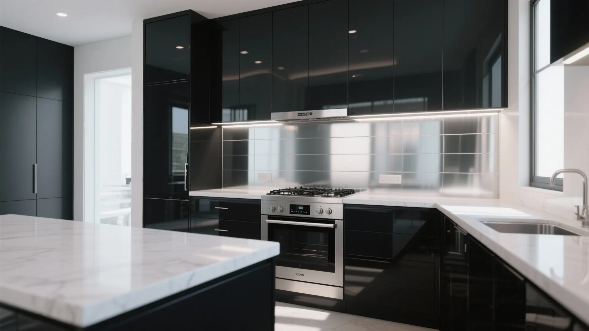 2. Glossy black and reflective backsplashes