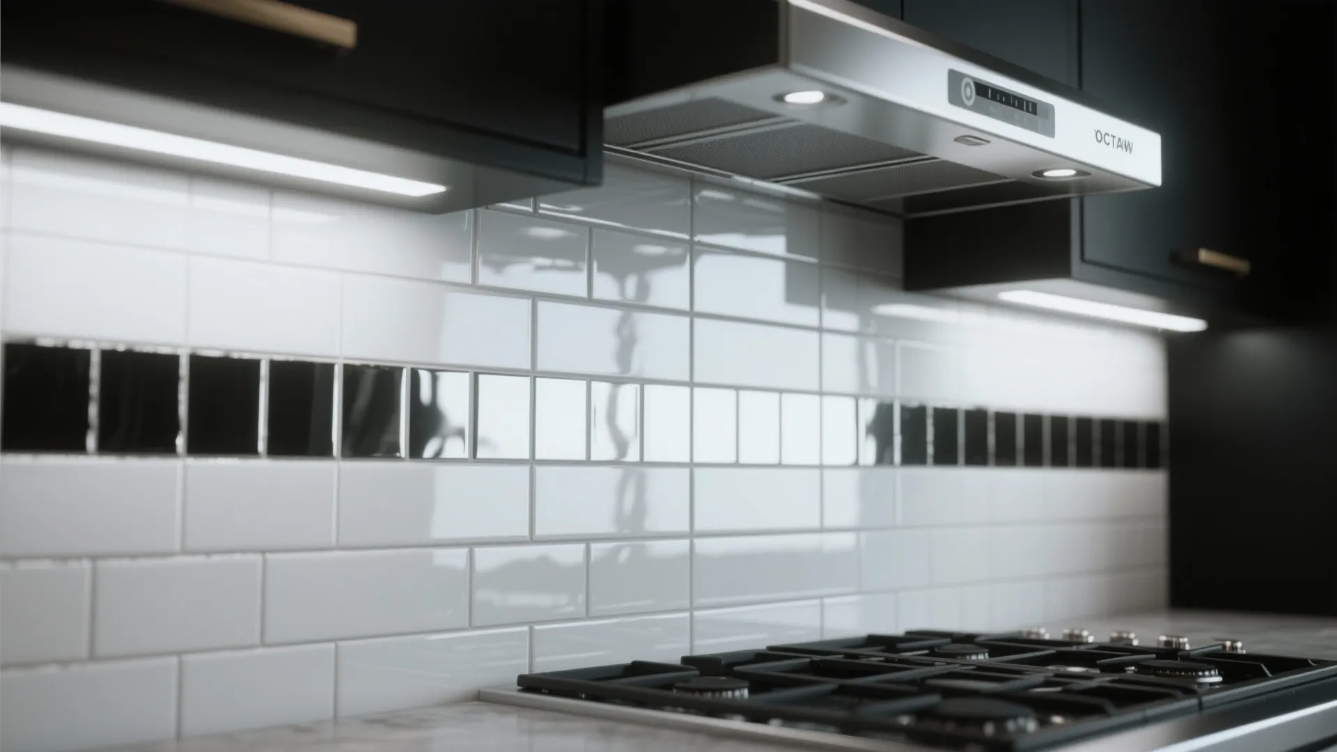 Close up of white subway wall tiles with black accent strip and metal vent hood