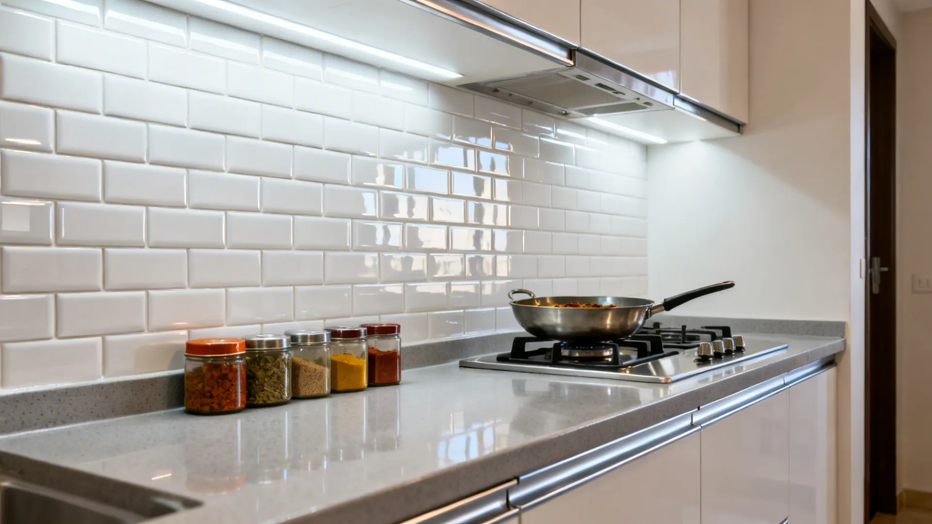 Glossy vertical subway tile backsplash in a narrow Indian kitchen reflecting task light.