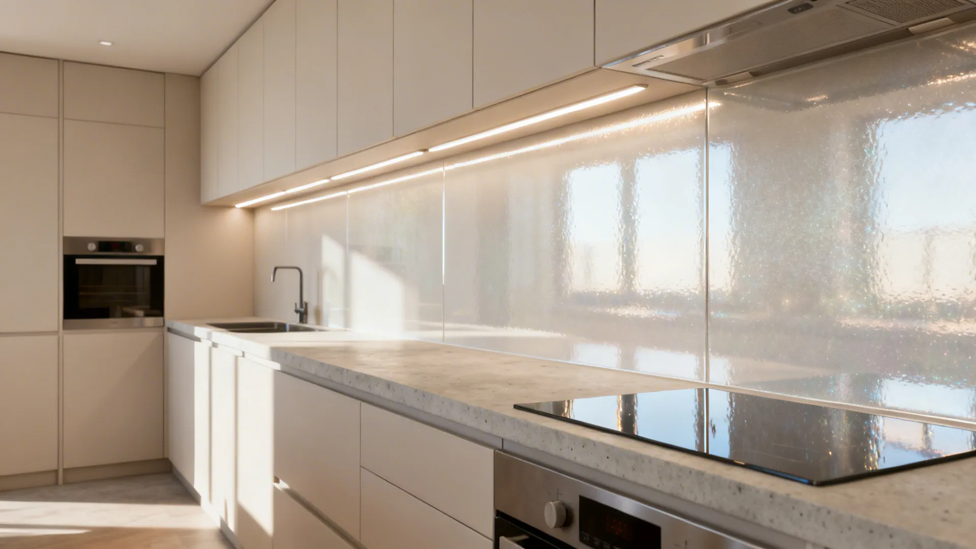 High-gloss pearl laminate backsplash reflecting under-cabinet LEDs in a compact galley kitchen.