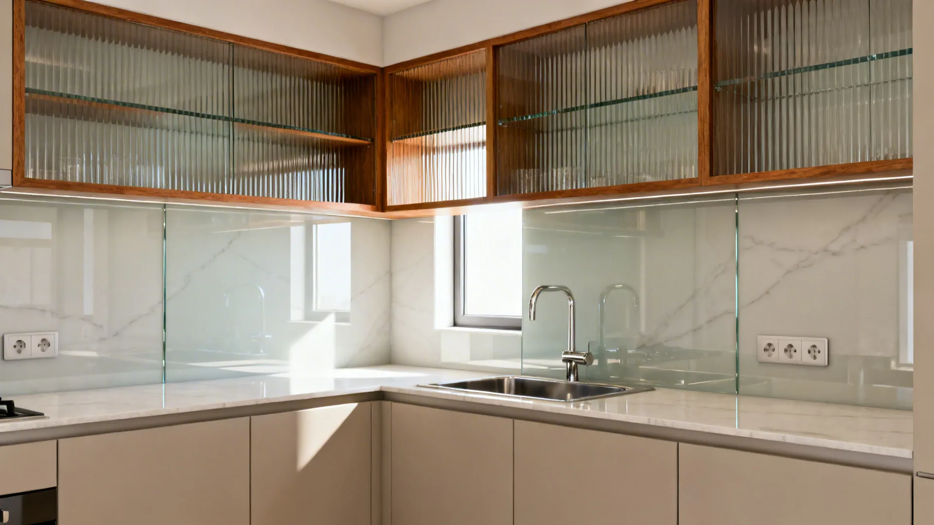 Glossy slab backsplash with ribbed-glass shelves reflecting soft daylight in a compact kitchen.