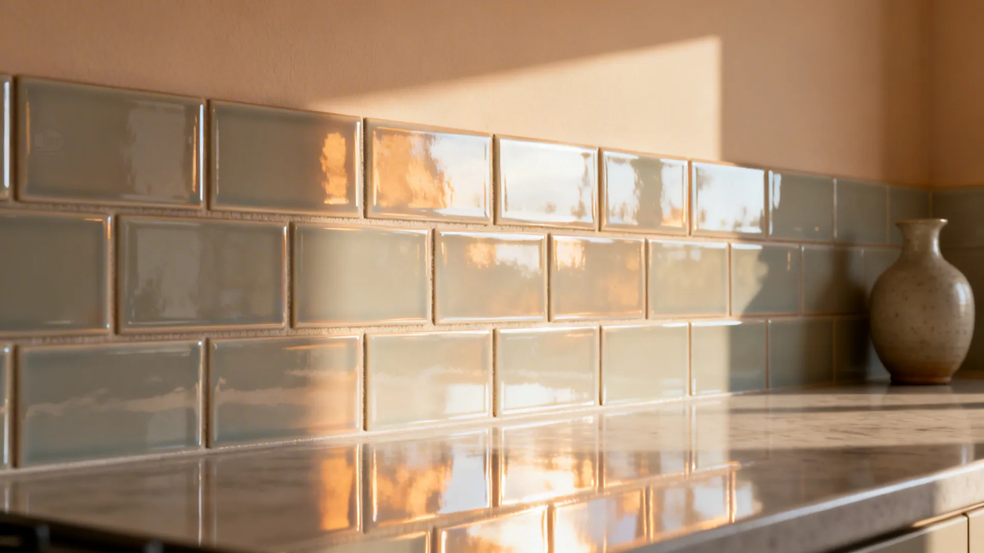 Glossy subway tile backsplash reflecting light above a pale warm-neutral counter.
