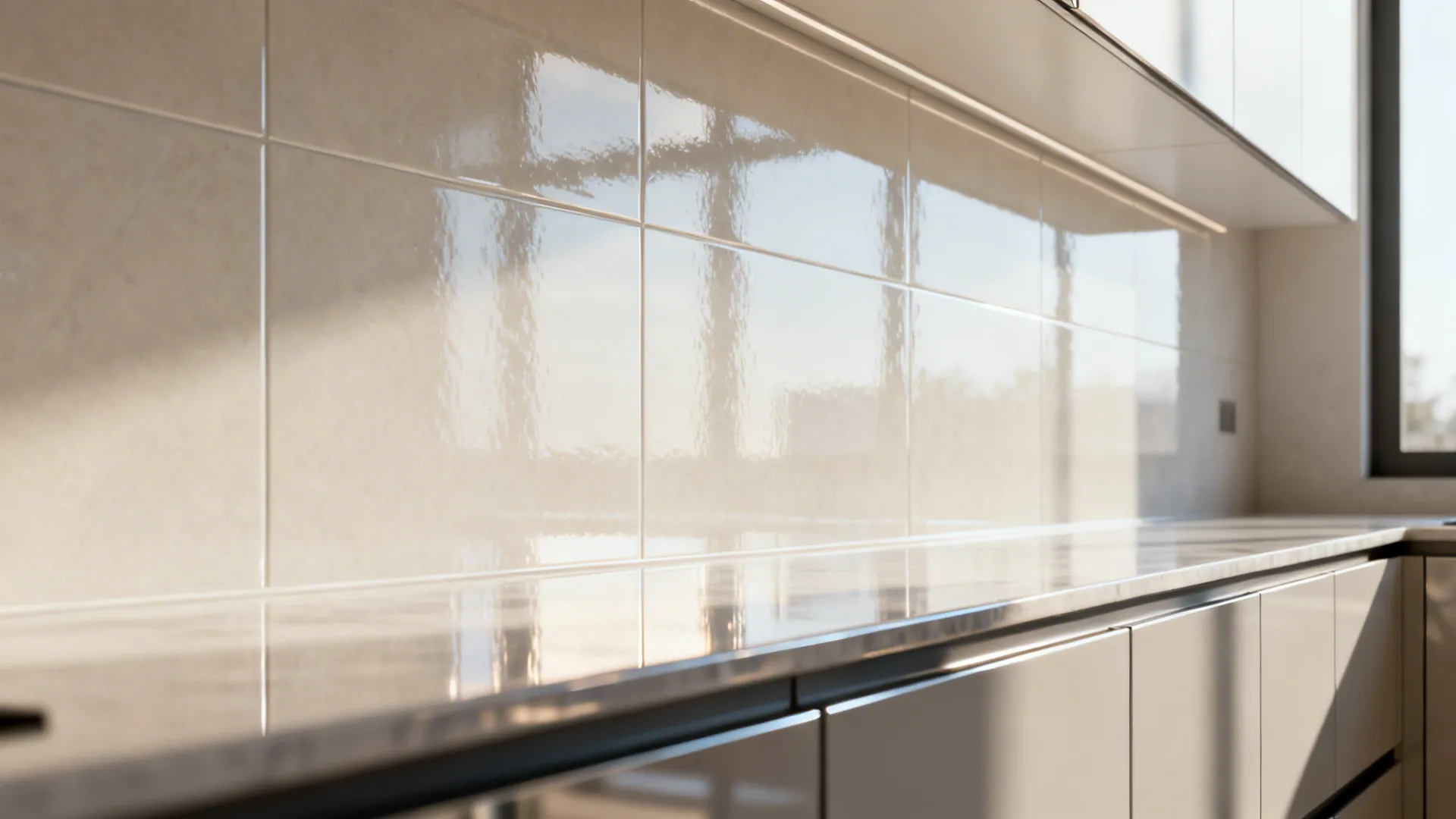 Light-colored glossy backsplash and reflective surfaces brightening a small kitchen.