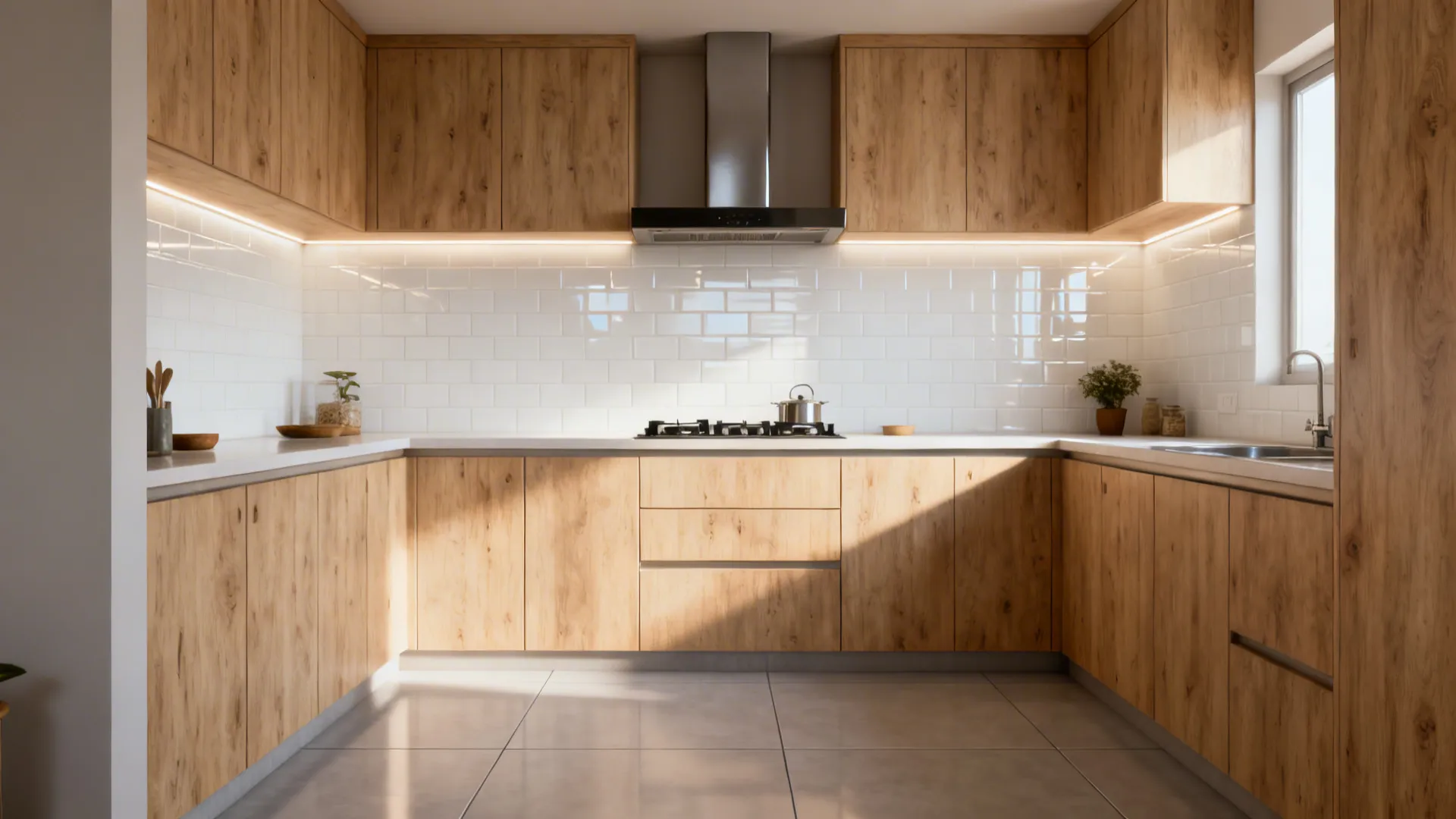 Small kitchen with glossy white backsplash reflecting light behind the hob