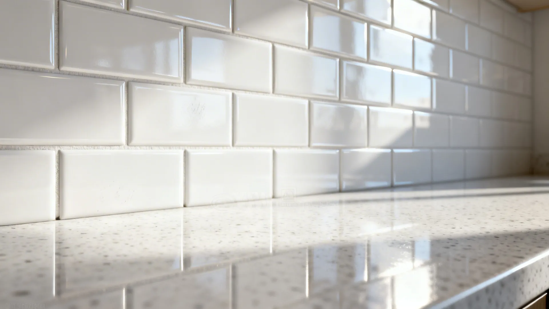 Close-up of glossy white subway tile backsplash and reflective quartz countertop amplifying light.