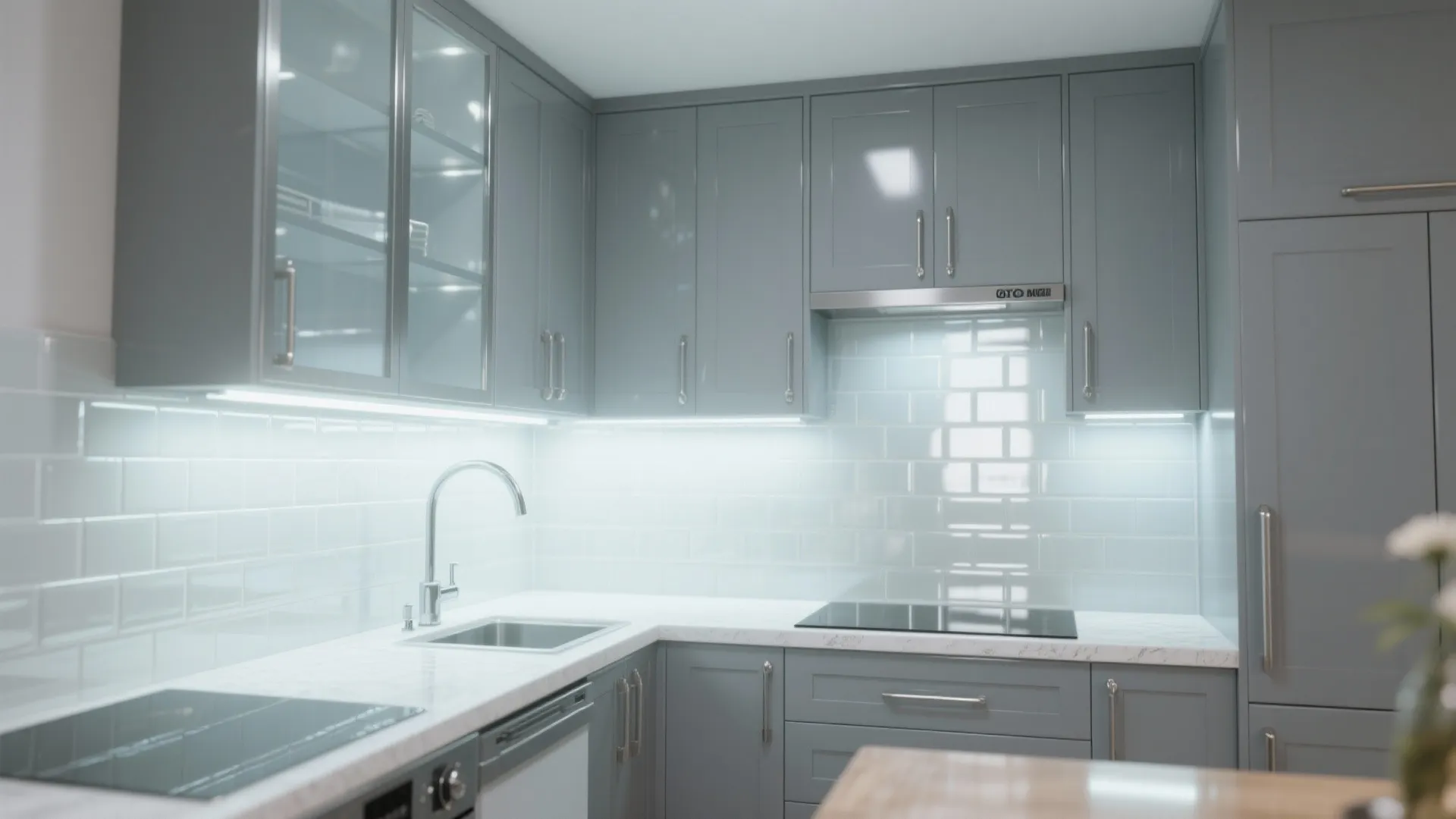 4. Gray with glossy backsplash and reflective surfaces