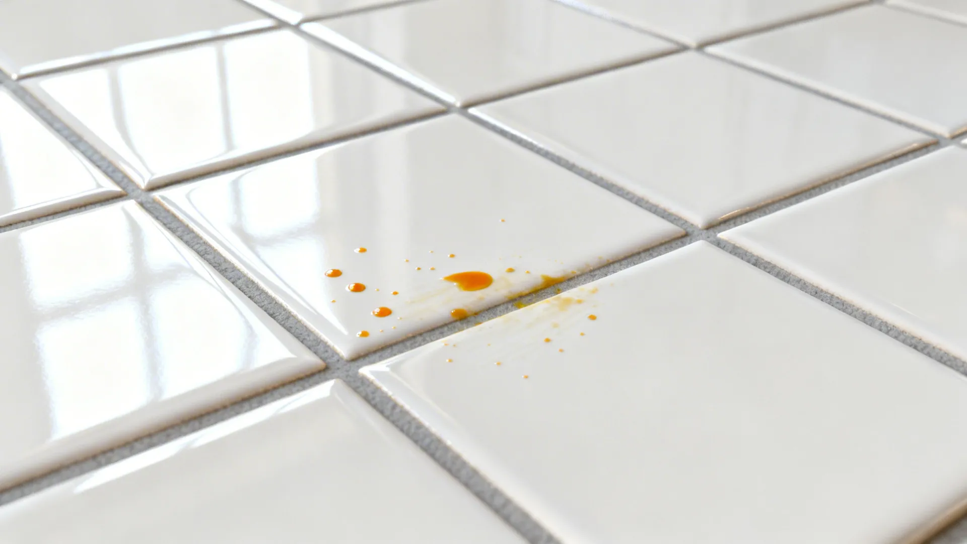 Glossy ceramic backsplash with thin grout showing easy-to-clean surface