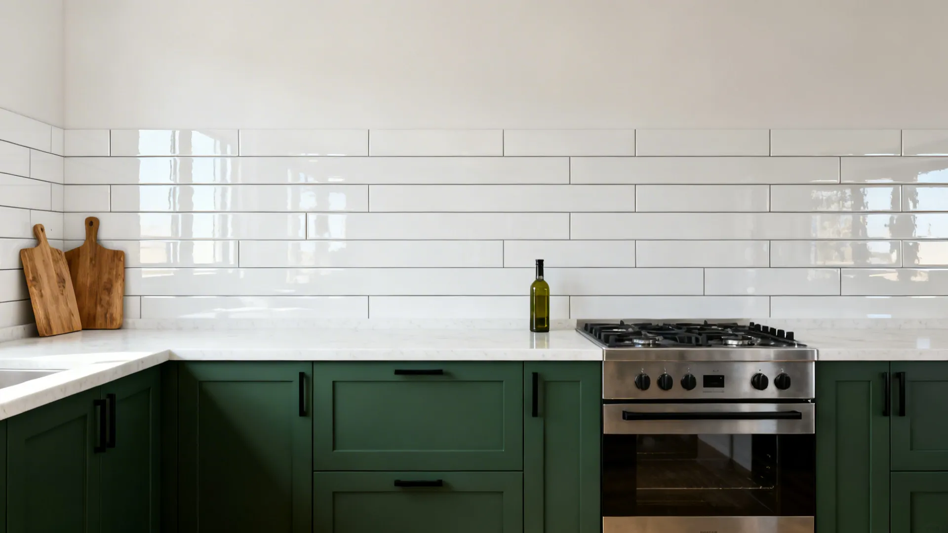 Modern kitchen with white tiles green cabinets stainless steel stove and two wooden cutting boards
