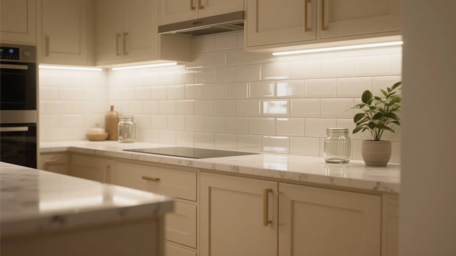2. High-Gloss White Backsplash and Matte Cream Lower Cabinets