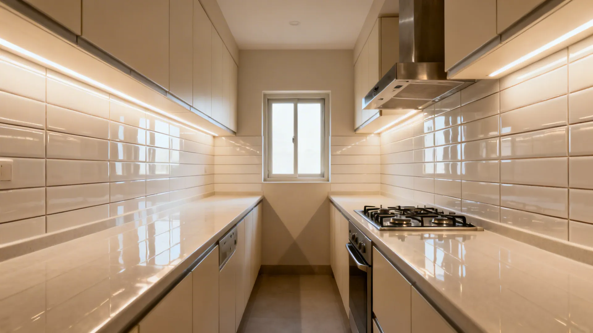 Glossy ceramic kitchen backsplash with minimal grout lines in a narrow galley kitchen.
