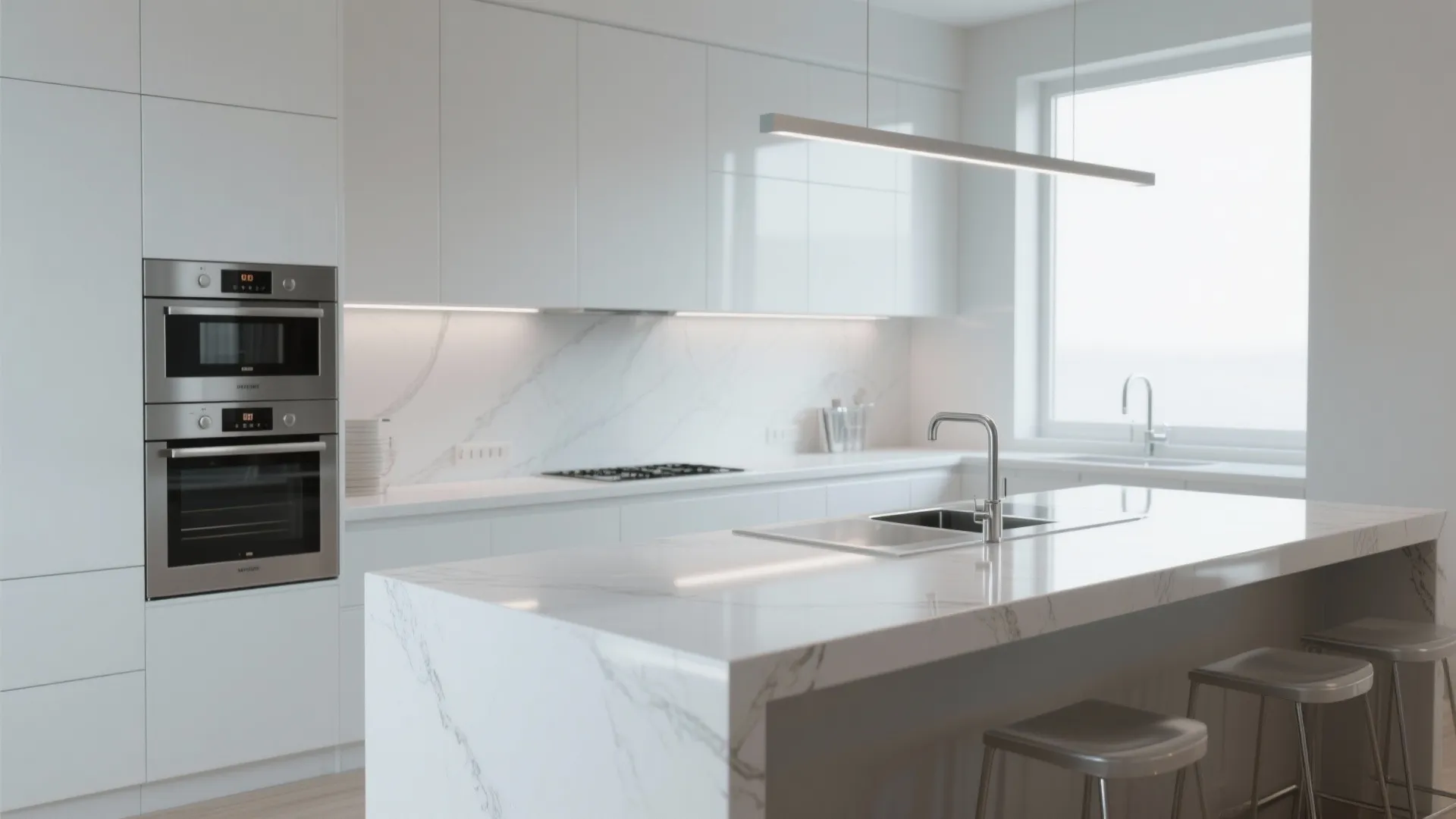 Modern kitchen with glossy white bar pulls on slab cabinets and stainless appliances under bright ambient light.